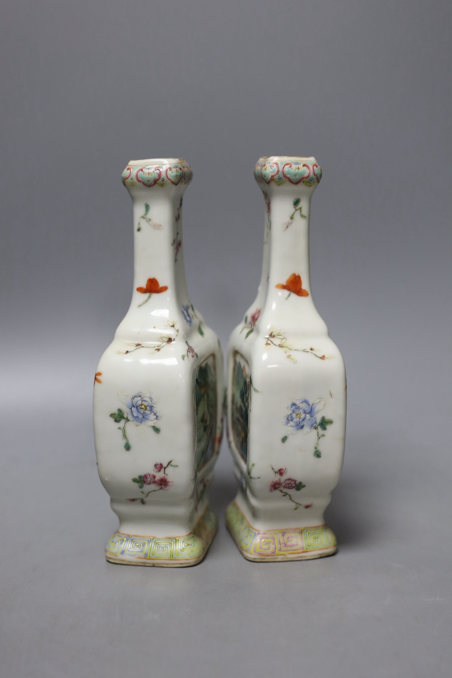 A pair of Chinese famille rose bottle vases, Qianlong marks, Republic period, 19cm tall